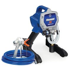 a blue and white sprayer is attached to a hose