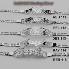 "Mix Cut Out Bracelet Name.  Laser cut Hand Finish.   Metal: Solid 925 Sterling Silver.  Link type Bracelet: Figaro /Diamond cut.   Clasp Link: Lobster Claw.  Bracelet Link Thickness: 4.8 mm.  ID Bar:  38 mm Wide X 12 mm Hight. (Default) The measurements of the plate change according to the name you order. -Color: Silver  Max Font script: (9 Letters, One capital letter only).NO FULL CAPITAL LETTERS PLEASE.         -This Cut Out Engraved ID Bracelet. We can customize this jewelry with any name of Silver Bracelets With Name, Claw Bracelet, Silver Jewellry, Bracelet Name, Silver Cleaner, Nameplate Necklace, Silver Chain Style, Capital Letters, Id Bracelets