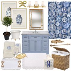 a blue and white bathroom with gold accents