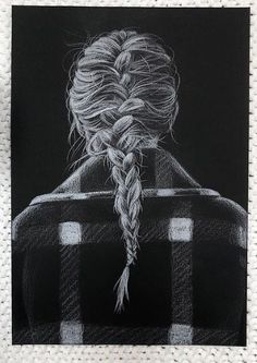 a black and white drawing of a woman's back with braids in her hair