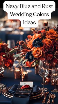 navy blue and rust wedding colors ideas with flowers in vases on the table top