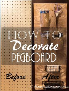 How To Decorate Pegboard Organization Wall, Home Office Supplies, Peg Boards, Plastic Containers With Lids, Peg Hooks, Sewing Room Storage, House To Home, Pegboard Accessories