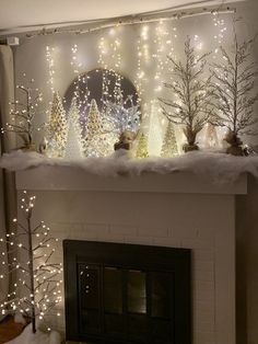 a fireplace decorated with christmas lights and fake trees