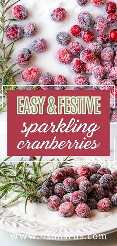 the words easy and festive sparkling cranberries on top of a white plate