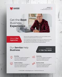 a business flyer with a man working on a laptop