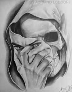 a pencil drawing of a skeleton holding his hand to his face with the words, by adriano loddoni