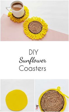 diy sunflower coasters made out of yarn and wood are the perfect way to decorate