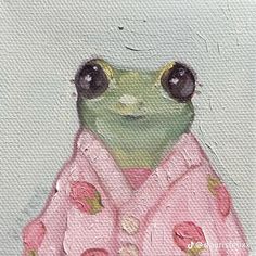 a painting of a frog wearing a pink robe with big eyes and large black glasses