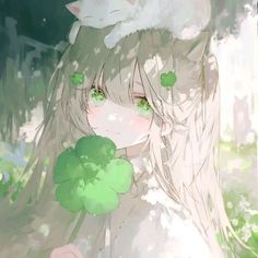 a girl with green eyes holding a clover in front of her face and looking at the camera