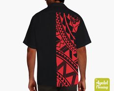 "IF YOU NEED YOUR ITEMS TO ARRIVE BY SPECIFIC DATE PLEASE UPGRADE TO EXPRESS SHIPPING AT THE CART. This stunning Polynesian Samoan shirt with short sleeve is featuring red on black tribal design on black background. If you would rather this shirt was in another color or combination of colors please get in touch and let me know and I will do my best to accommodate you. This unique and eye catching Hawaiian shirt with short sleeves is the perfect shirt for daytime or evening casual wear. The shirt Traditional Black Printed Shirt, Black Hawaiian Camp Shirt With Graphic Print, Black Hawaiian Shirt With Graphic Print, Black Hawaiian Printed T-shirt, Black Hawaiian Printed Shirt, Black Relaxed Fit Hawaiian Shirt, Black Relaxed Fit Hawaiian Camp Shirt, Muumuu Dress, Bowling Shirt