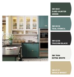 a kitchen with green cabinets and white cupboards in the color scheme, which is very similar to teal