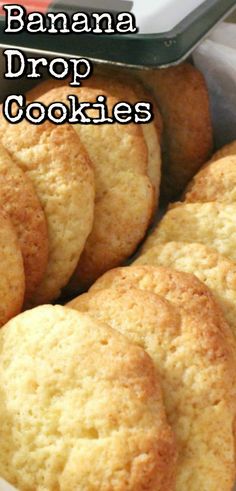 banana drop cookies in a white bowl with the words, bananas drop cookies on it