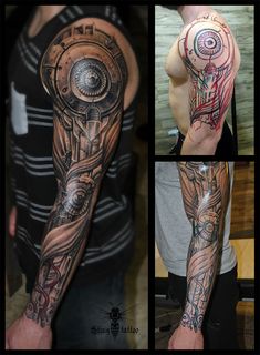 three different views of a man's arm with tattoos on it, including a clock and gears