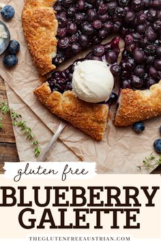 the blueberry galette is cut into slices and served with ice cream on top