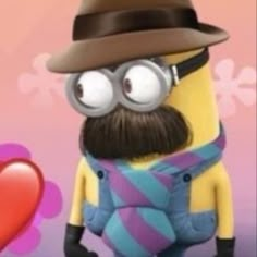 a cartoon character wearing a hat and glasses with a heart in the back ground behind him