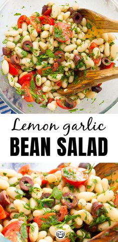 a salad with beans, tomatoes and herbs is shown in two different bowls on top of each other