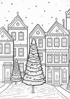 a black and white drawing of a christmas tree in front of some buildings with snow on the ground