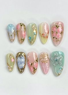 Whimsical Nail Designs, Winter Floral Nails, Monet Inspired Nails, Earth Nails Designs, Hydrangea Nails, Fairy Garden Nails, Green Pink Nails, Hand Painted Nail Designs, Nail Designs Floral