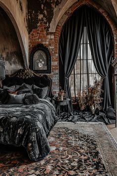 an ornate bedroom with brick walls and arched windows, decorated in black velvet bedding