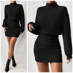 New Chic Ribbed Knit Turtleneck Mini Dress * Long Sleeve * Turtleneck * Blouson Top * Relaxed Dropped Shoulder * High Waist * Ruched Bodycon Mini Skirt * Soft Stretch Knit *Approximate Unstretched Measurements* Xs (2) * Bust 40.75" * Waist 23.5"(Up To 26") * Hip 28.25"(Up To 35.75") * Length 33" Small (4) * Bust 42.5" * Waist 25.25"(Up To 27.5") * Hip 30"(Up To 37.5") * Length 33.75" Medium (6) * Bust 44" * Waist 26.75"(Up To 29") * Hip 31.5"(Up To 39") * Length 34.5" Large (8/10) * Bust 46.5" * Turtleneck Mini Dress, Short Sweater Dress, 75 Medium, Bodycon Mini Skirt, Mini Dress Long Sleeve, Blouson Top, Casual Date Night, Fashion Mood Board, New Chic