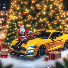 a christmas scene with a yellow car and santa clause sitting on the hood in front of a christmas tree