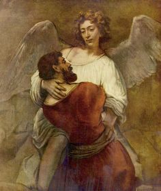 a painting of an angel holding a dog