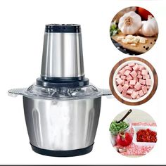 an electric food processor is shown with ingredients in the foreground and on the background