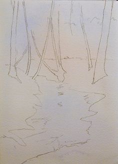 a pencil drawing of a stream in the woods