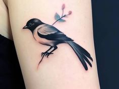 a small black and white bird sitting on top of a woman's arm with a flower in it