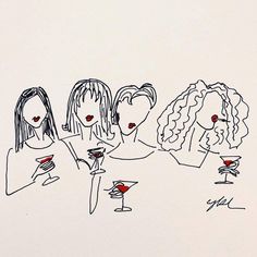 three women holding wine glasses in their hands and one has a heart on her cheek