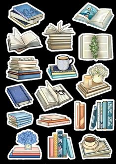 stickers with books and coffee on them