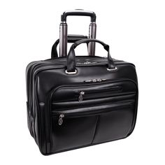 Fit a 17��” laptop in the built-in sleeve. Roll on the two in-line, attached, tucked away wheels. Zip the telescoping handle into the bag and piggyback onto larger luggage via the smart strap. Stay sleek, put together and on the go. #Leather #Case #Briefcase #WheeledCase #WheeledBriefcase #RollingBriefcase #RollingBag #LeatherCase #LeatherBriefcase #LaptopBriefcase Urban Bags, Leather Laptop Bag, Black Wheels, Leather Laptop, Business Bag