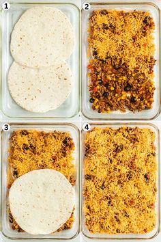 four images showing how to make mexican rice and tortillas in glass baking dishes