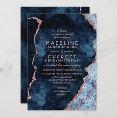 a blue and gold marble wedding card