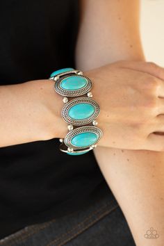 Separated by pairs of silver beads, turquoise stone-dotted rustic silver frames are threaded along with stretchy bands around the wrist for a seasonal flair. Sold as one individual bracelet. Paparazzi Jewelry Images, Blue Bracelets, Turquoise Stone Bracelet, Bracelets Trendy, Paparazzi Accessories Jewelry, Blue Stone Bracelet, Silver Frames, Bracelet Online, Paparazzi Accessories