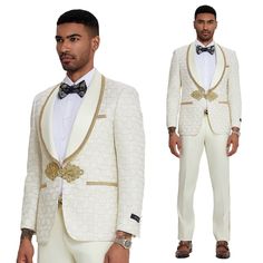 Elevate Your Style With The Ivory And Gold 2pc Men's Suit By Tazzio, A Masterpiece Of Sophistication And Contemporary Elegance. Crafted With Meticulous Attention To Detail, The Jacket Features A Captivating Swirl Textured Pattern, Accentuated By A Wide Satin Shawl Collar Adorned With Golden Trim, Exuding Opulence And Refinement. With Its Single Clasp Closure And Besom Pockets, The Jacket Offers Both Sleek Modernity And Classic Charm. Paired With Solid Satin Pants Featuring Side Trim Detail, This Luxury White Notch Lapel Sets, Cream Blazer For Groom, Classic Fitted Off-white Sets, Luxury White Sets For Groom, Luxury White Sets For Grooms, Satin Shawl, Surprise Engagement, Wedding Week, Satin Pants