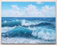 an oil painting of blue ocean waves on canvas with white clouds in the sky above