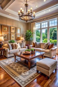 a living room filled with furniture and a chandelier above a wooden coffee table