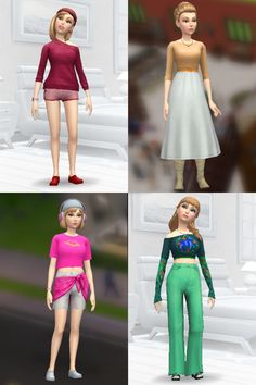 four different poses of the same woman in three different outfits, one wearing a pink top and green pants