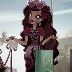 a cartoon character holding a shopping bag in her hand