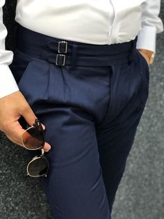 The Kingston Navy Corset Belted Pleated Pants offer an exceptional blend of elegance and comfort, making them the perfect addition to any man's wardrobe. Crafted from a premium material combining 68% Poly, 30% Cotton, and 2% Lycra, these slim-fit pants provide both style and flexibility. Ideal for business meetings, formal events, or smart-casual gatherings, they ensure you look sharp and feel comfortable throughout the day. With a sleek design and versatile navy blue colour, these trousers seam Navy Corset, Formal Trousers For Men, Gurkha Pants, Semi Formal Attire, Pants Outfit Men, Slim Fit Dress Pants, Look Formal, Fashion Business Casual, Mens Pants Fashion