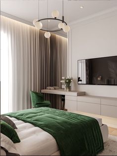 a bedroom with a green bed and white walls