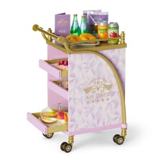 a pink trolley with food and drinks on it