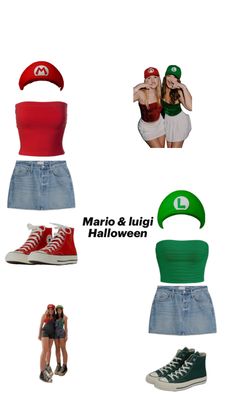 several different outfits and hats are arranged in the shape of an apple hat, jeans skirt,