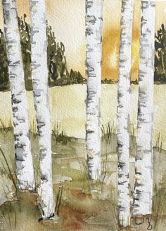 watercolor painting of white birch trees in front of a lake with yellow and orange sky