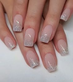 Ongles Beiges, Neutral Nails Acrylic, Glitter French Nails, Ombre Nails Glitter, Nails Homecoming, Pretty Nail Art Designs, Nails White, Bride Nails