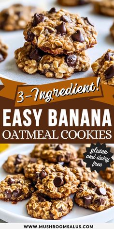 three ingredient easy banana oatmeal cookies on a white plate with chocolate chips