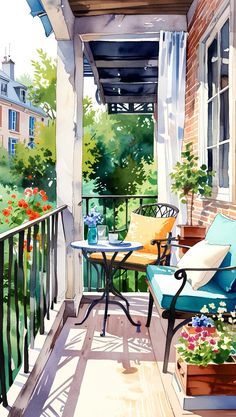 a painting of a porch with chairs and flowers on the balcony railing, painted in watercolor