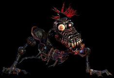 a creepy looking robot with red hair and eyes on it's head, in the dark