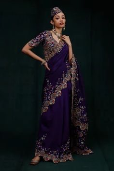 Shop for Rishi and Soujit Purple Embroidered Scallop Border Saree With Blouse for Women Online at Aza Fashions Saree With Cutwork Border, Scallop Border, Purple Saree, Border Saree, Half Sleeve Blouse, Pattern Embroidery, Saree With Blouse, Blouse Online, Cut Work